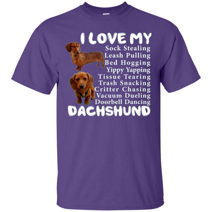 Dachshund T-shirt Sock Stealing Bed Hogging Purple