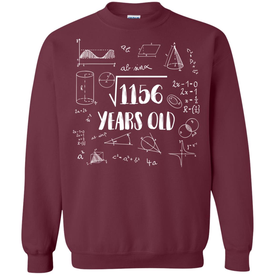 Square Root Of 1156 34th Birthday 34 Years Old Math T-shirt Maroon