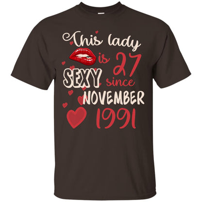 This Lady Is 27 Sexy Since November 1991 27th Birthday Shirt For November Womens Dark Chocolate