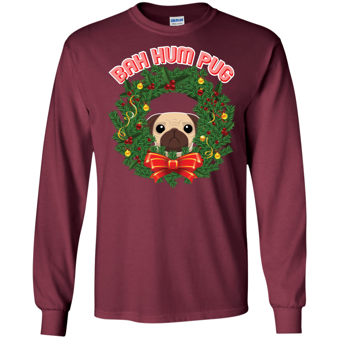 Christmas T-Shirt Bah Hum Pug Maroon