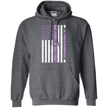 All Cancer Awareness His Fight Is My Fight Lavender Ribbon Stars Flag Of Usa Shirt Dark Heather