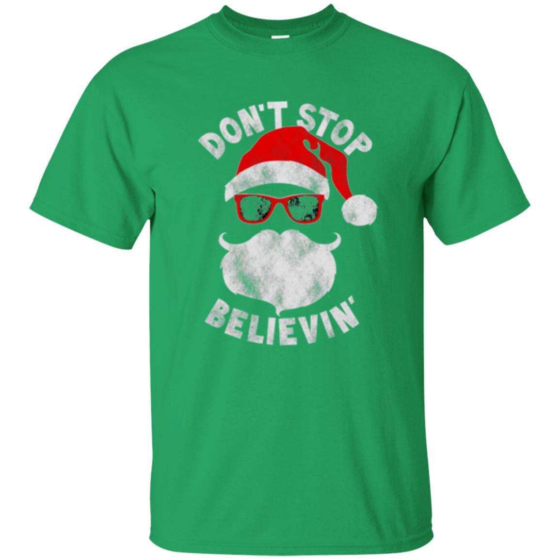 Christmas T-shirt Don't Stop Believing Cool Shades Santa Irish Green