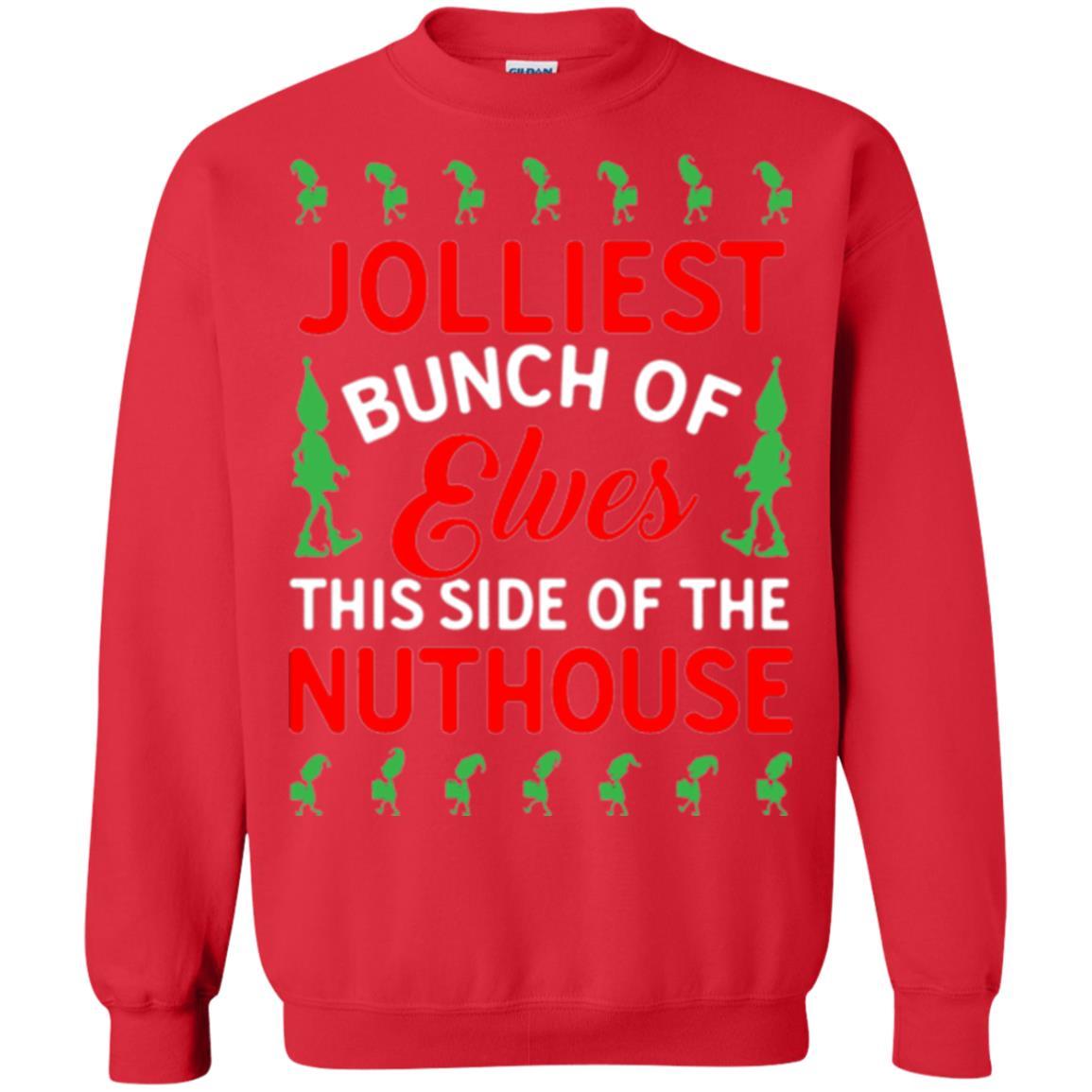 Christmas T-shirt Jolliest Bunch Of Elves This Side Of The Nuthouse Red