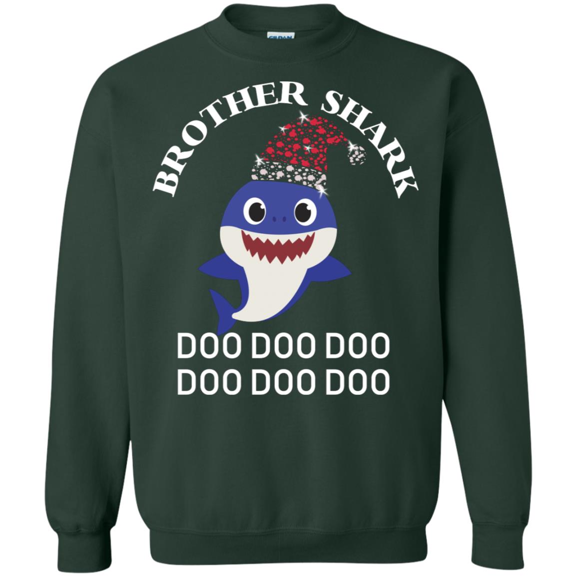 Brother Shark With Santa Claus Hat Merry X-mas Family Shark Gift Shirt Forest Green