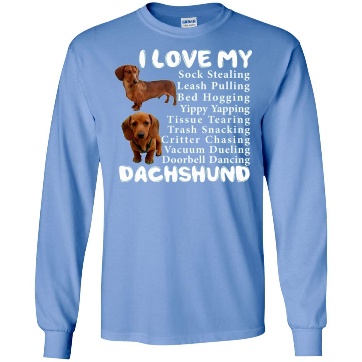 Dachshund T-shirt Sock Stealing Bed Hogging Carolina Blue