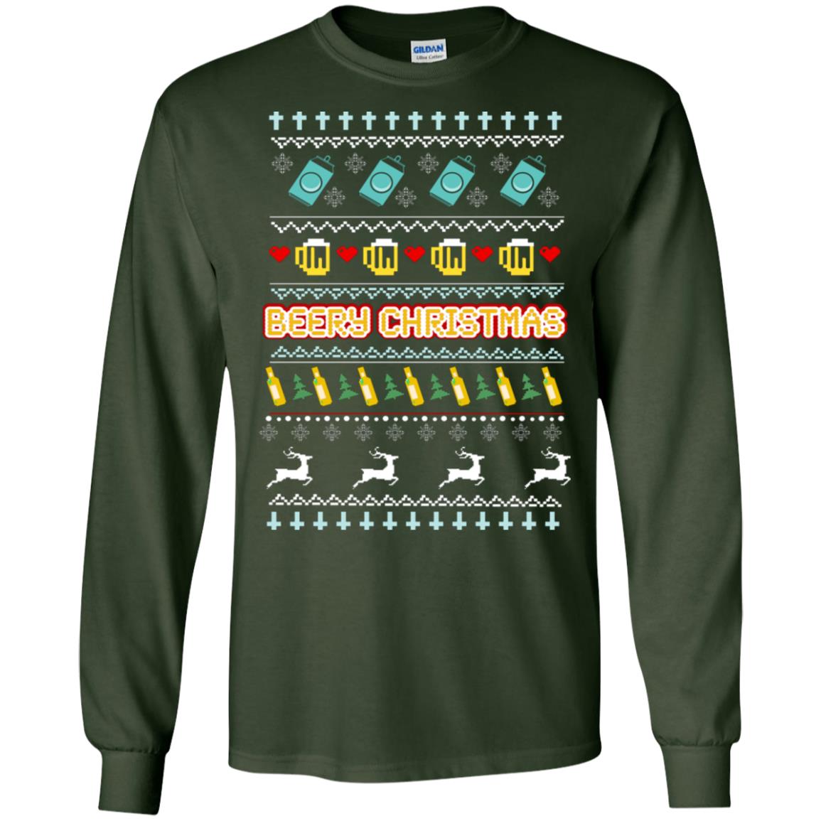 Beery Christmas Merry X-mas Beer Drinking Lovers Gift Shirt Forest Green