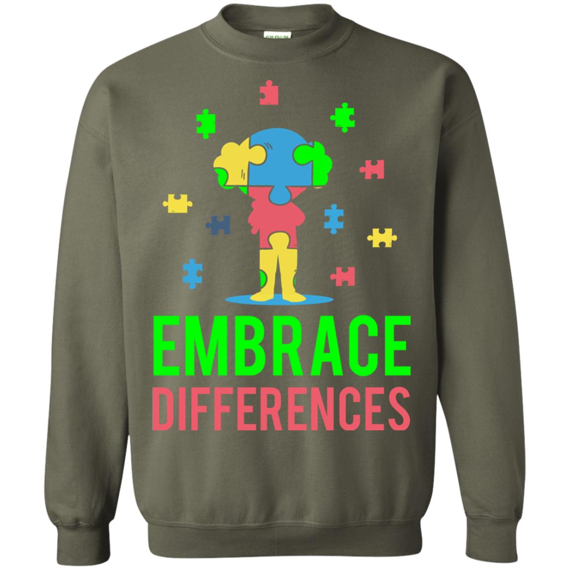 Autism Awareness T-shirt Embrace Differences Military Green
