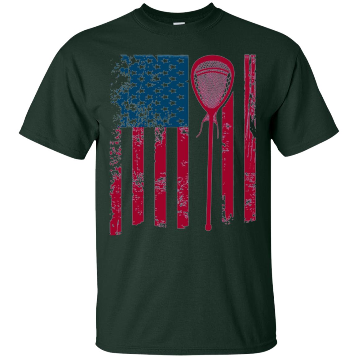 Lacrosse Player T-shirt Lacrosse American Flag Stick Forest Green