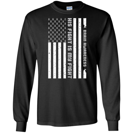 Brain Awareness His Fight Is My Fight Grey Ribbon Stars Flag Of Usa Shirt Black