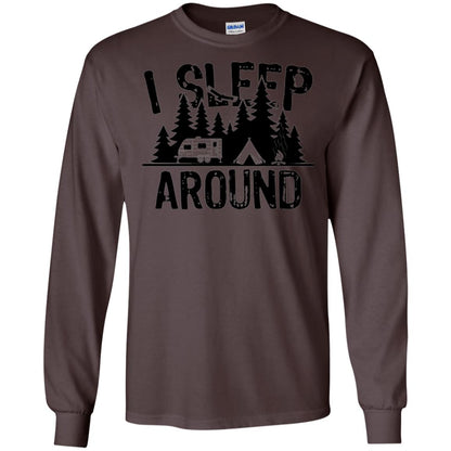 Funny Camping T-shirt I Sleep Around Dark Chocolate