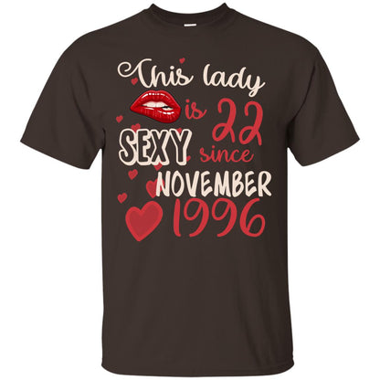 This Lady Is 22 Sexy Since November 1996 22nd Birthday Shirt For November Womens Dark Chocolate