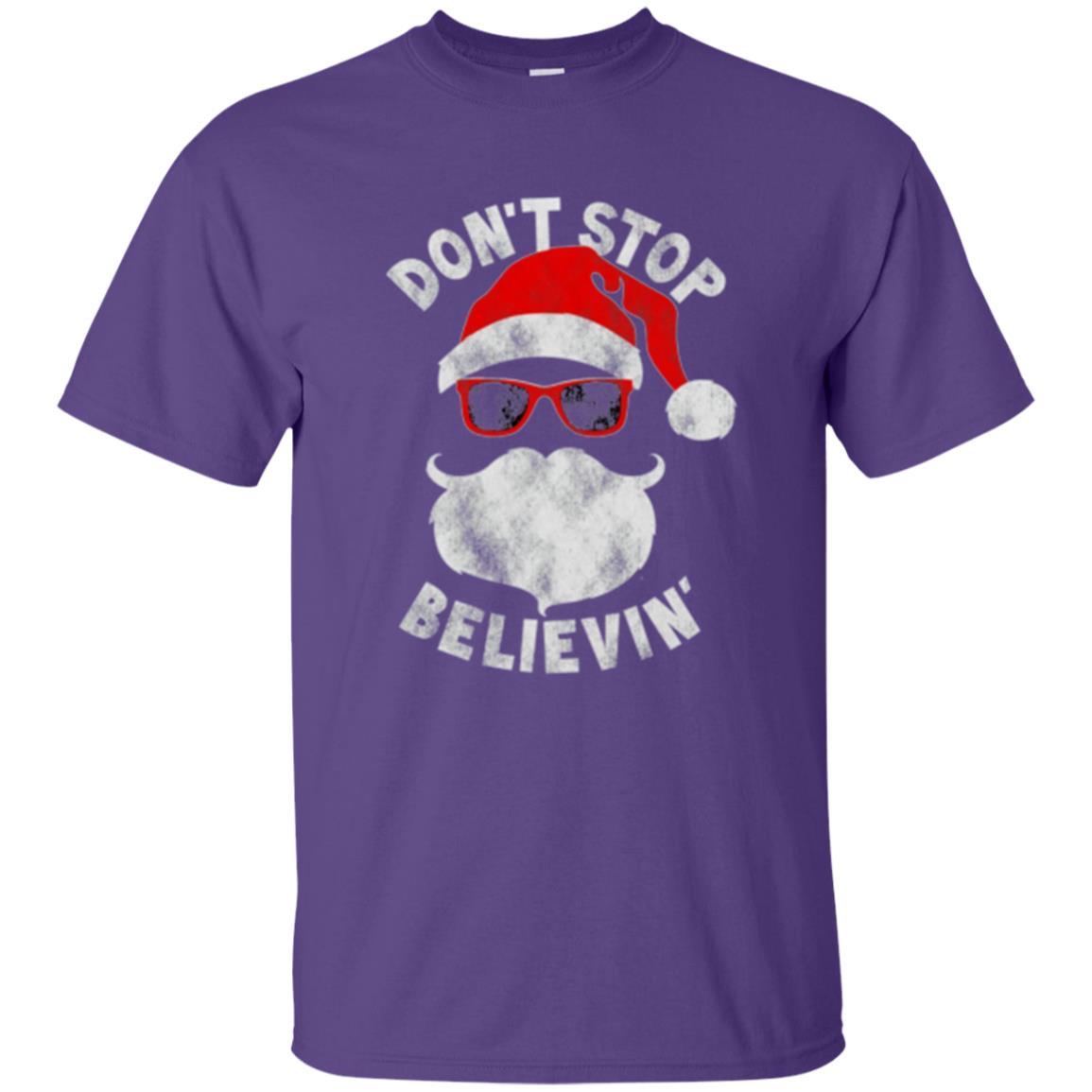 Christmas T-shirt Don't Stop Believing Cool Shades Santa Purple