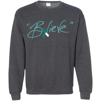 Cervical Cancer Awareness Shirt Teal White Ribbon Believe Dark Heather