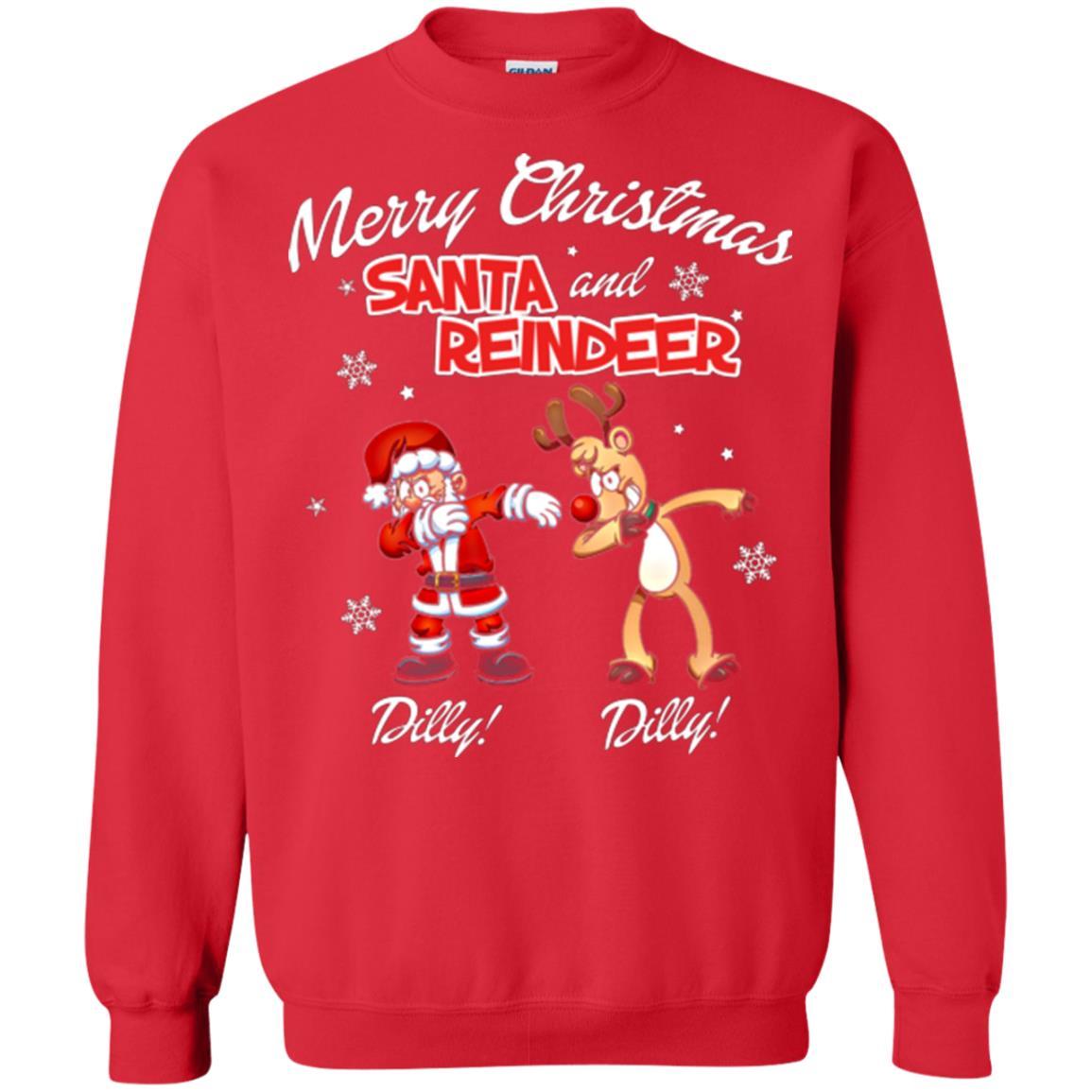 Christmas T-shirt Merry Christmas Santa And Reindeer Dilly Dilly Red