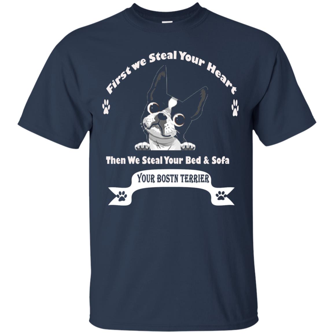 Frist We Steal Your Heart Boston Terrier T-shirt Navy