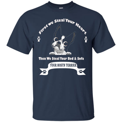 Frist We Steal Your Heart Boston Terrier T-shirt Navy
