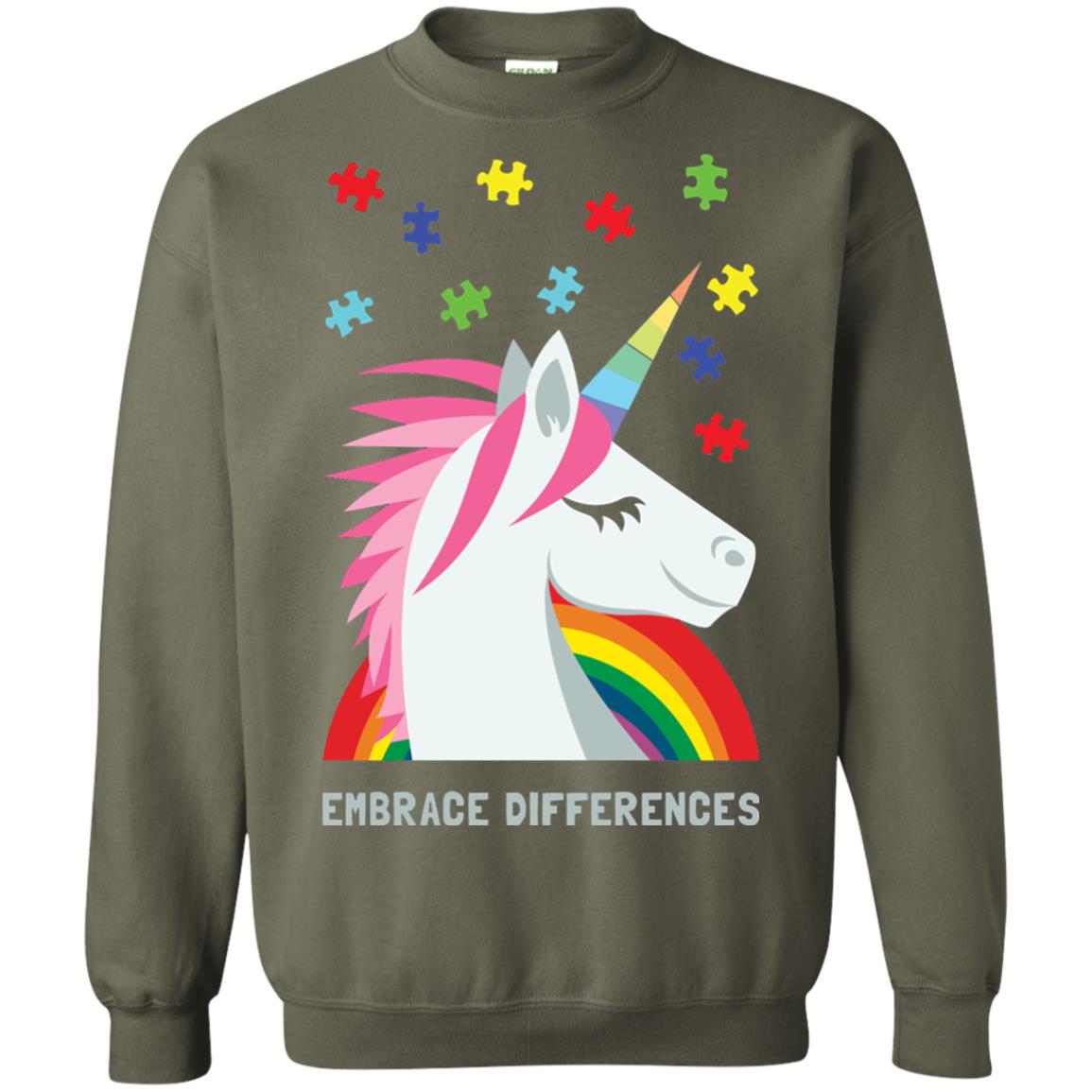 Autism Awareness Shirt Unicorn Puzzle Embrace Differences Military Green