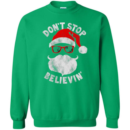 Christmas T-shirt Don't Stop Believing Cool Shades Santa Irish Green