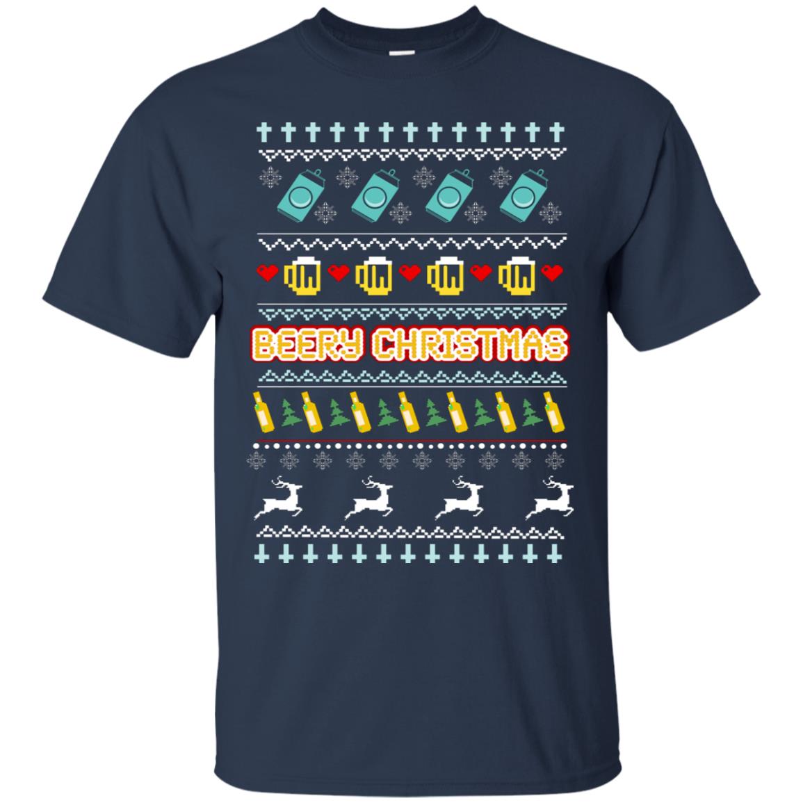 Beery Christmas Merry X-mas Beer Drinking Lovers Gift Shirt Navy