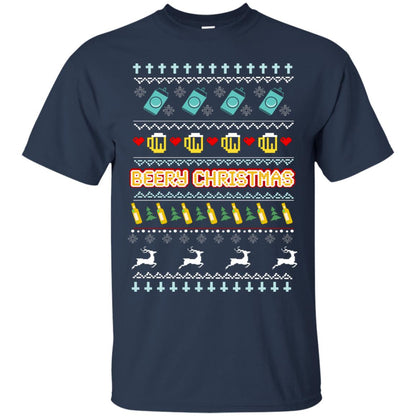 Beery Christmas Merry X-mas Beer Drinking Lovers Gift Shirt Navy