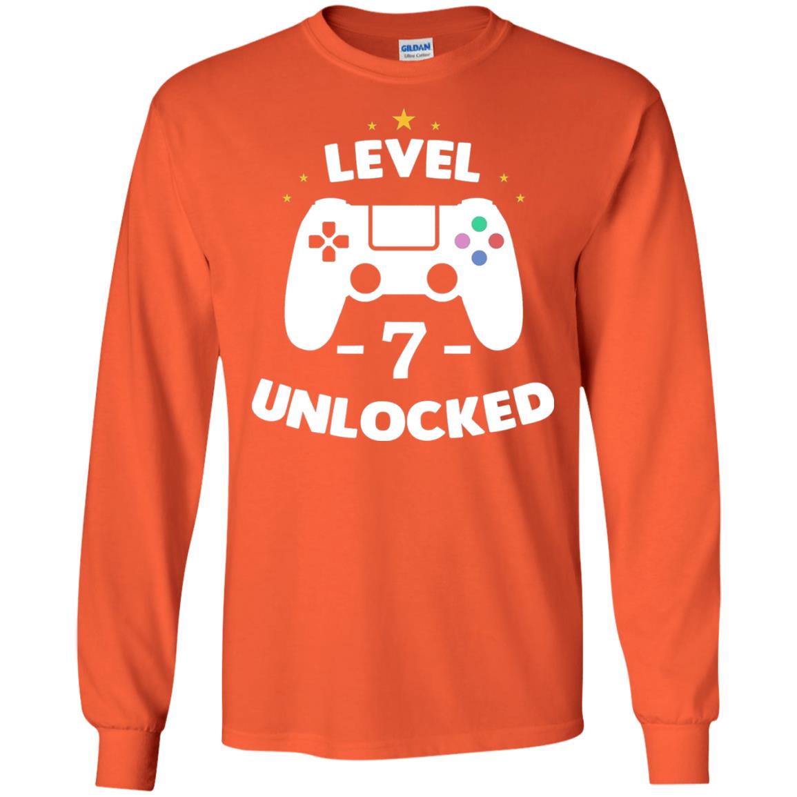 Level 7 Unlocked Gamer Seventh Birthday Party Shirt Orange