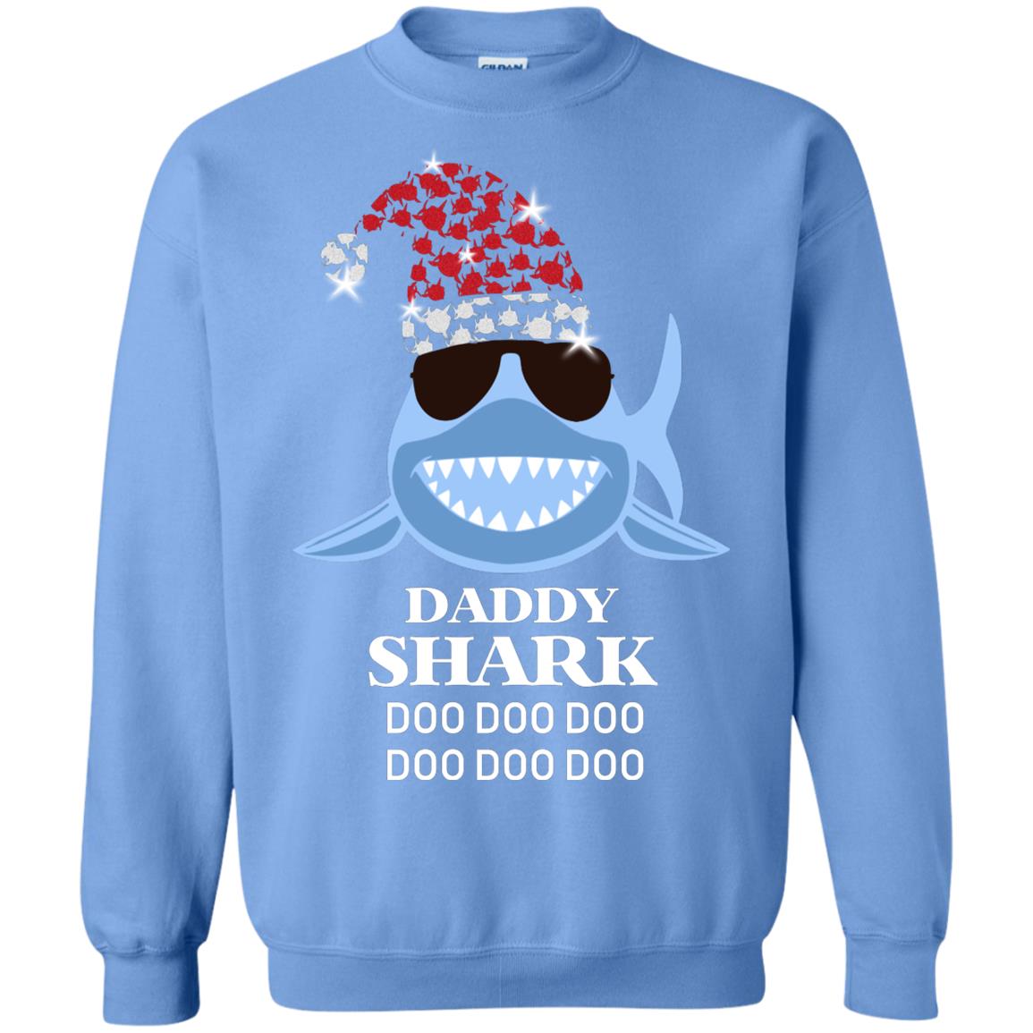 Daddy Shark With Santa Claus Hat Merry X-mas Family Shark Gift Shirt Carolina Blue