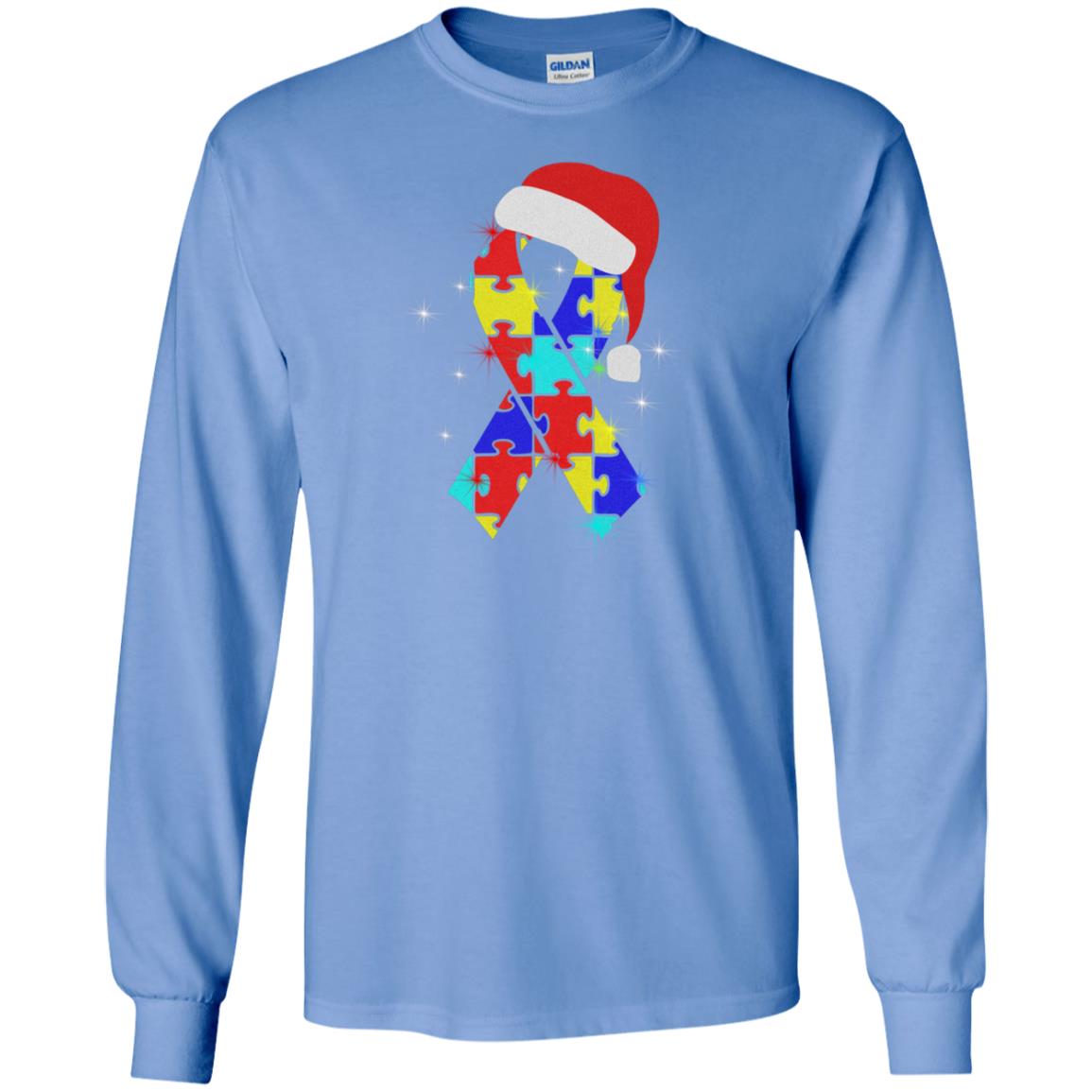Autism Puzzle Ribbon Santa Hat X-mas Gift Shirt Carolina Blue