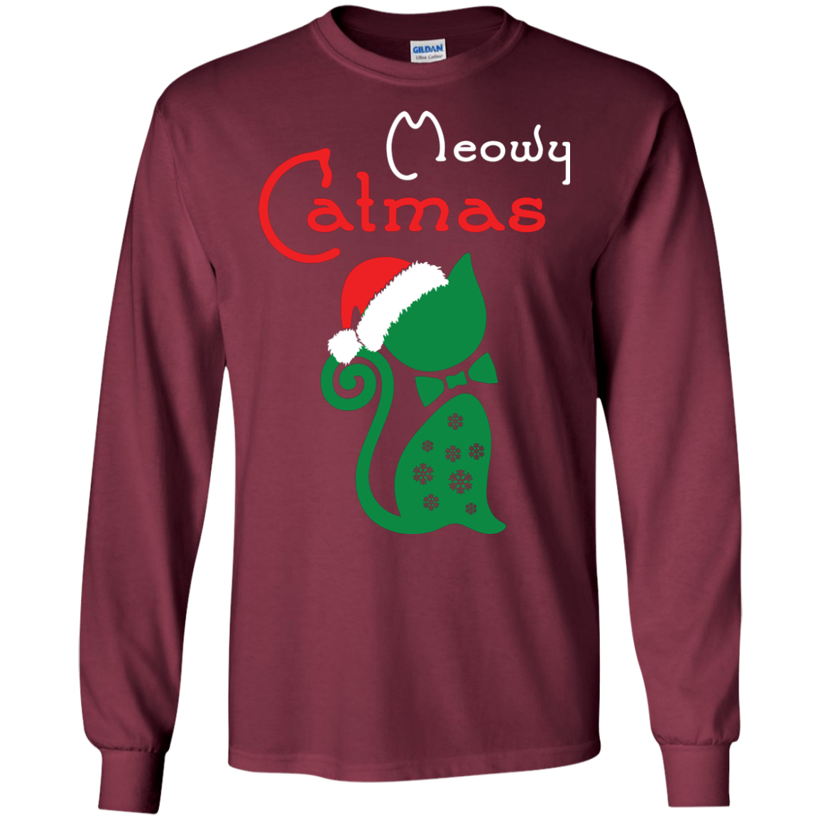 Cat Christmas T-Shirt Meowy Catmas Maroon