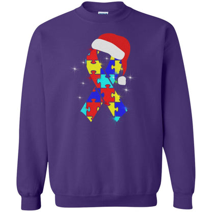 Autism Puzzle Ribbon Santa Hat X-mas Gift Shirt Purple
