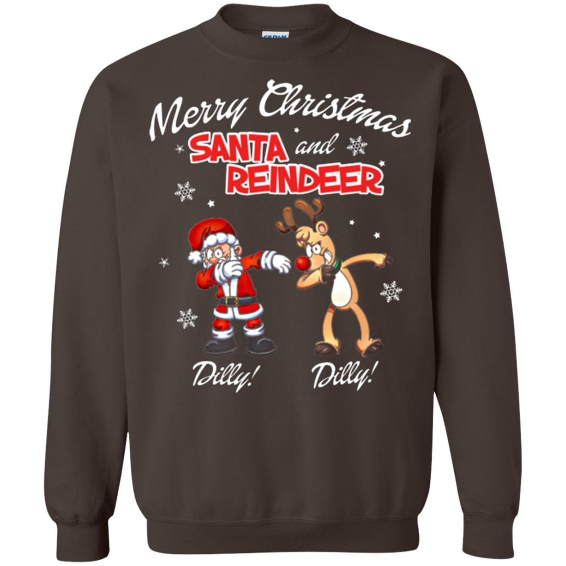 Christmas T-shirt Merry Christmas Santa And Reindeer Dilly Dilly Dark Chocolate