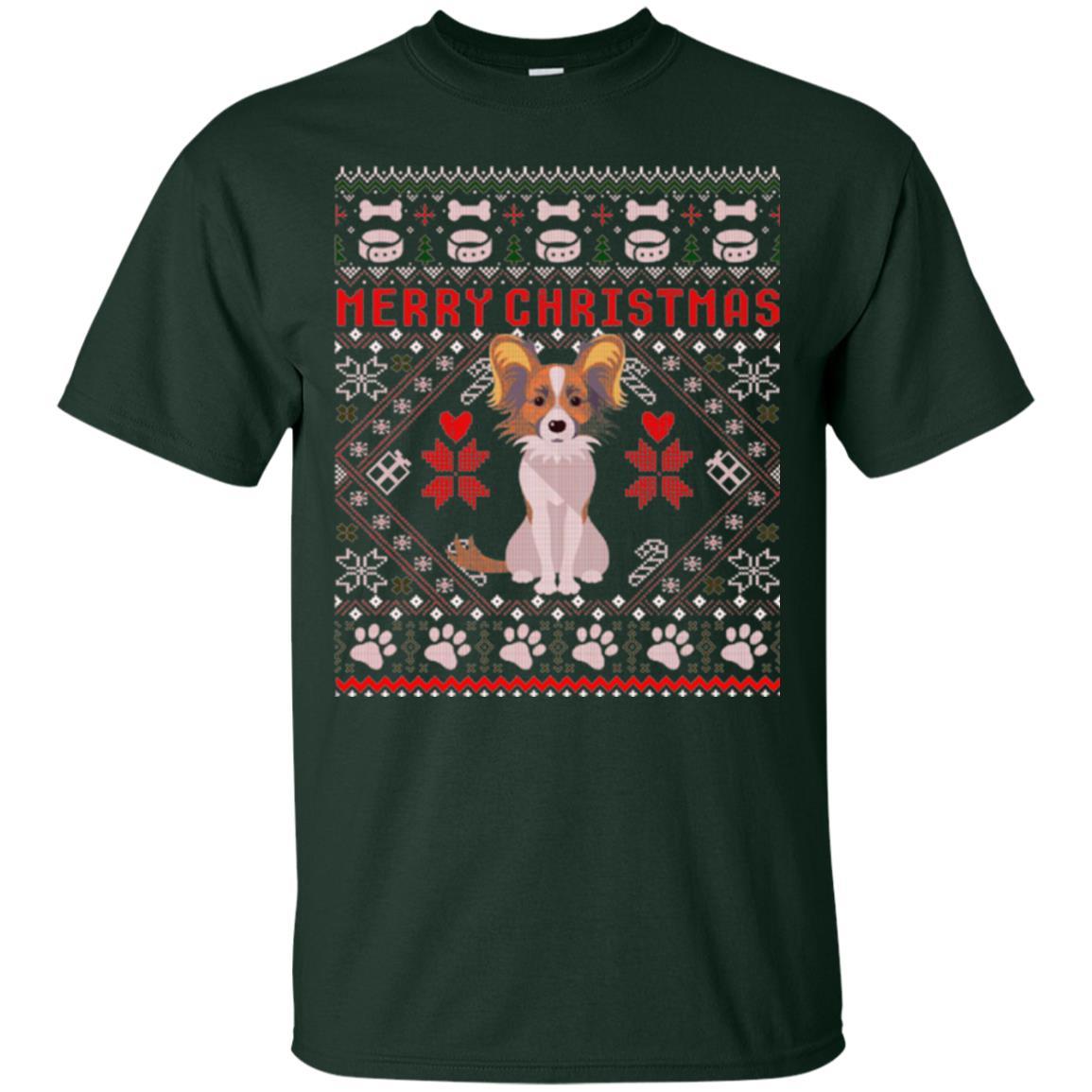 Dog Lover T-shirt Papillon Dog Merry Christmas Forest Green