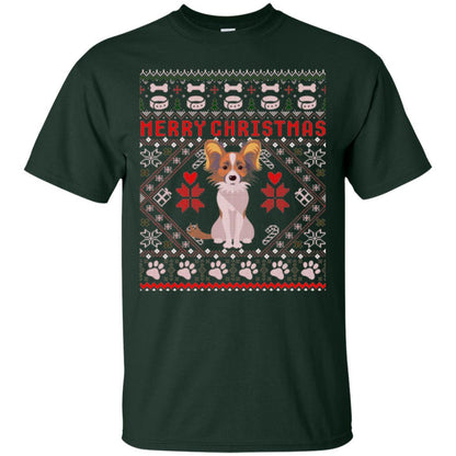 Dog Lover T-shirt Papillon Dog Merry Christmas Forest Green