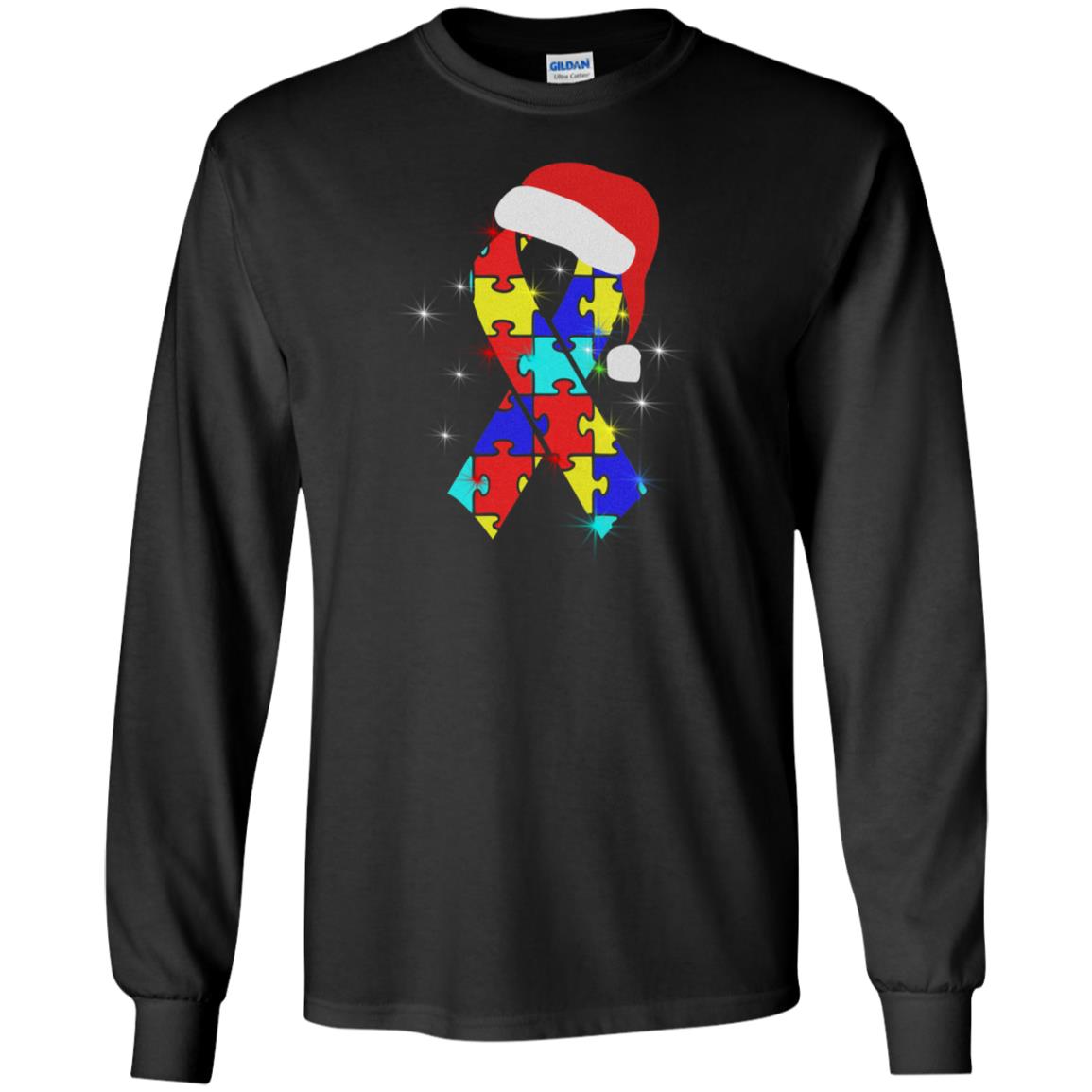 Autism Puzzle Ribbon Santa Hat X-mas Gift Shirt Black