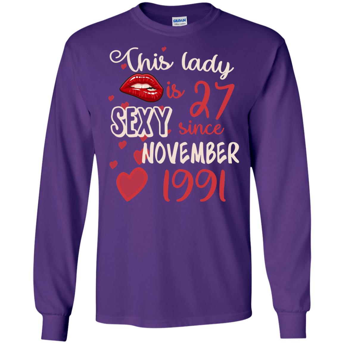 This Lady Is 27 Sexy Since November 1991 27th Birthday Shirt For November Womens Purple