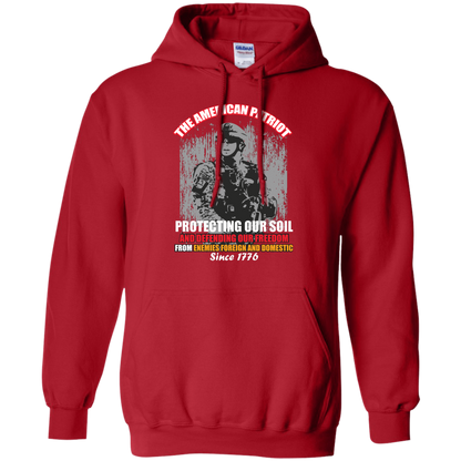 Military T-Shirt The American Patriot Protecting Our Soil And Defending Our Freedom From Enemies Foreign And Domestic Since 1776 Red