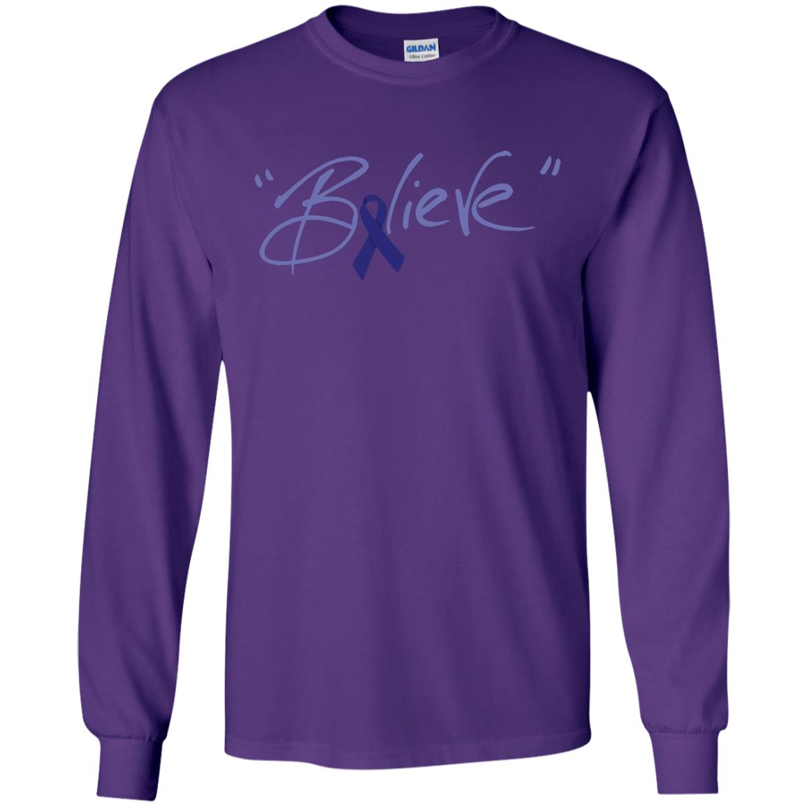 Colon Cancer Awareness Shirt Dark Blue Ribbon Believe Purple