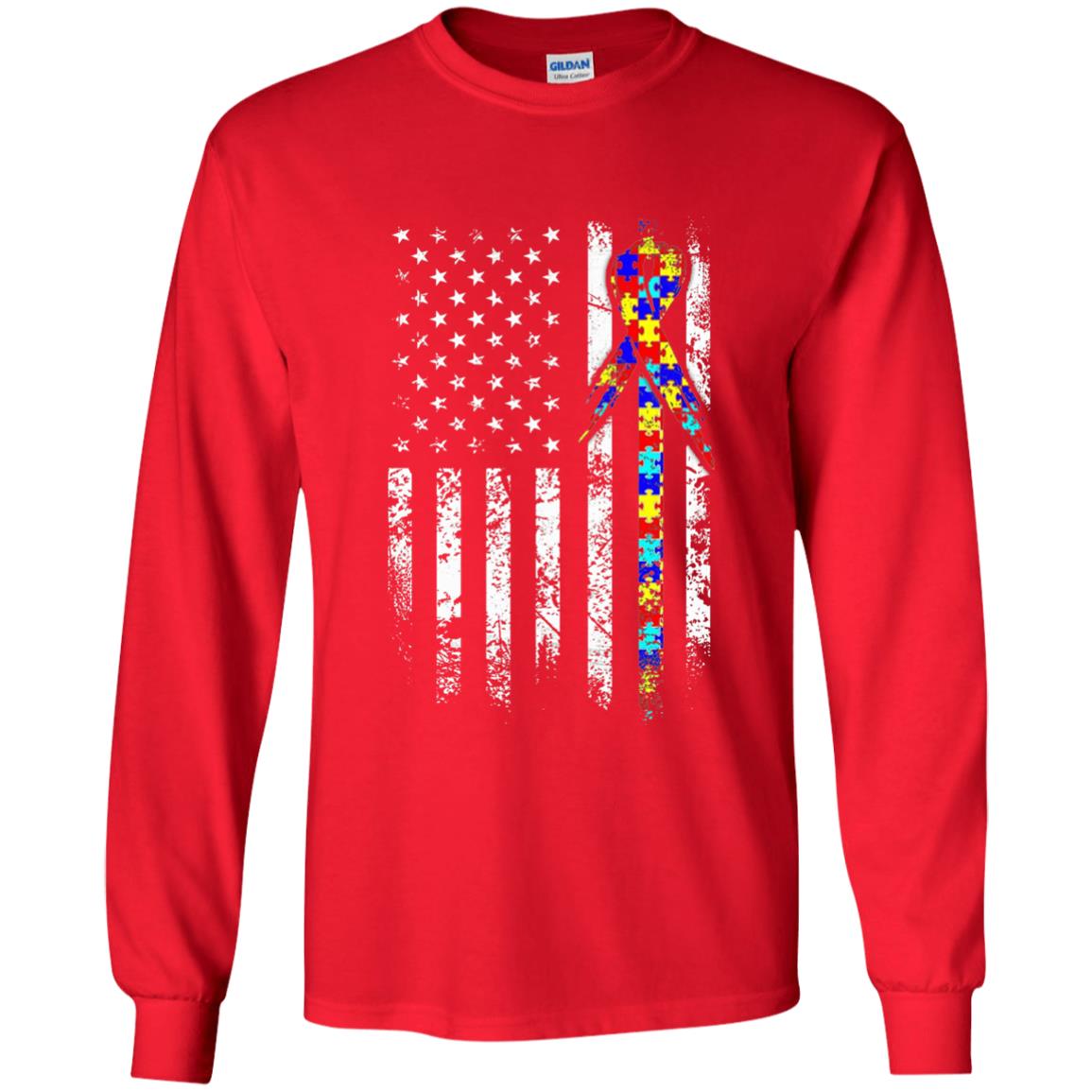 American Flag Distressed Autism Awareness T-shirt Red
