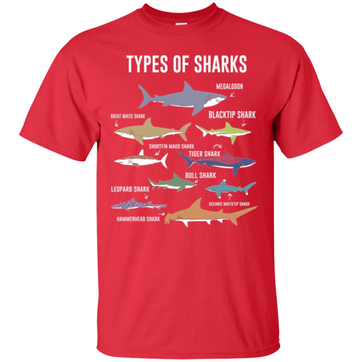Shark Lovers T-shirt 9 Types Of Sharks Ocean Red