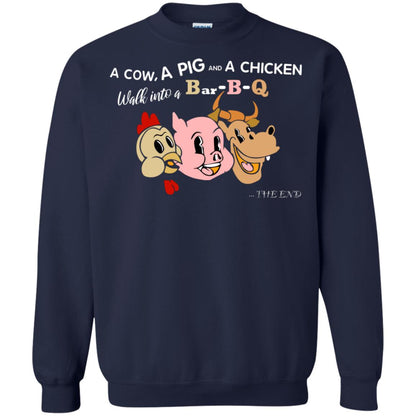 A Cow A Pig And A Chicken Walk Into A Bar-b-q The End Shirt Navy
