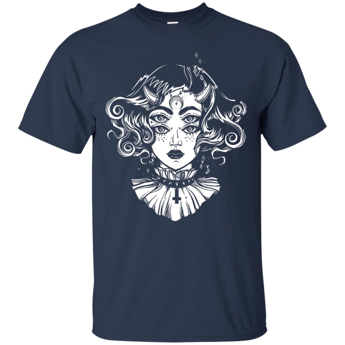 Horned Devil Girl Tshirt Satanic Halloween Glitch Goth Navy