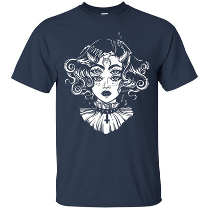 Horned Devil Girl Tshirt Satanic Halloween Glitch Goth Navy