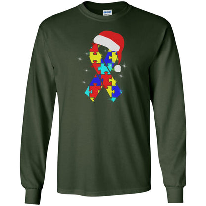 Autism Puzzle Ribbon Santa Hat X-mas Gift Shirt Forest Green