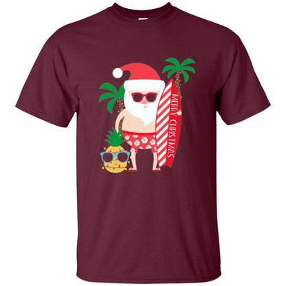 Christmas T-shirt Santa Claus Surfing Hawaiian Maroon