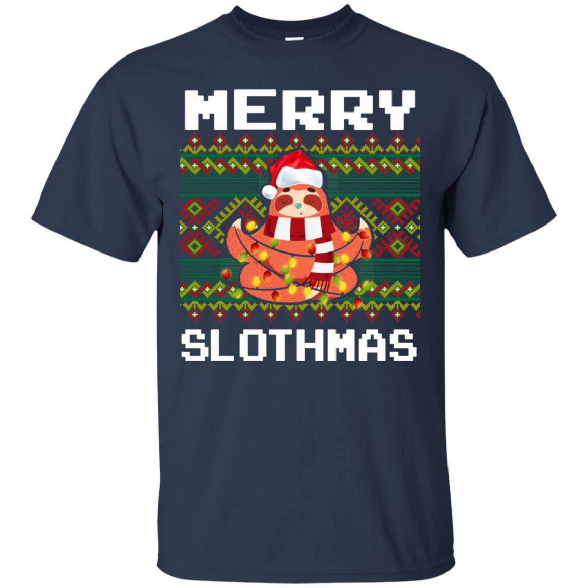 Merry Slothmas Funny Sloth Lovers Ugly Sweater X-mas Gift Shirt Navy