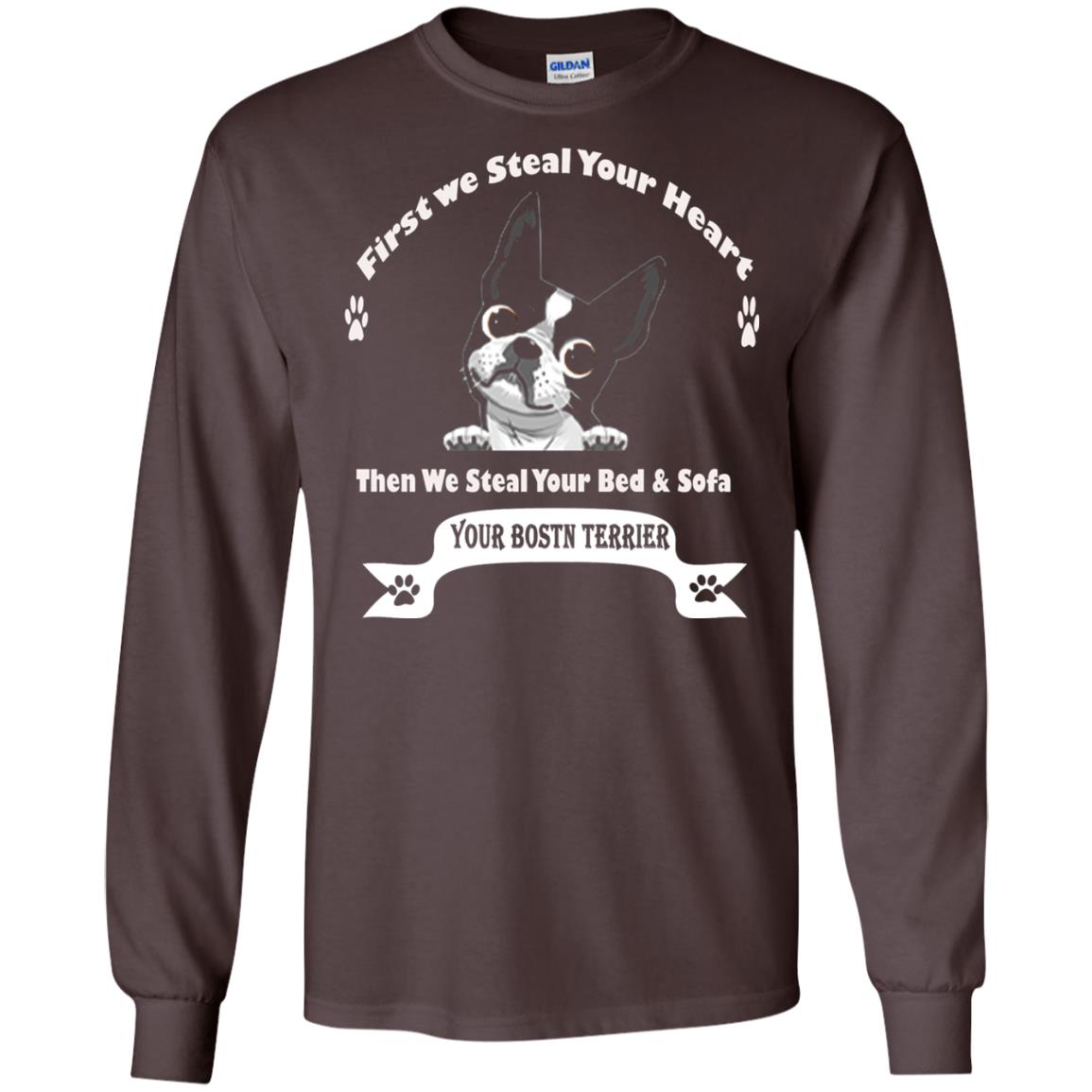 Frist We Steal Your Heart Boston Terrier T-shirt Dark Chocolate