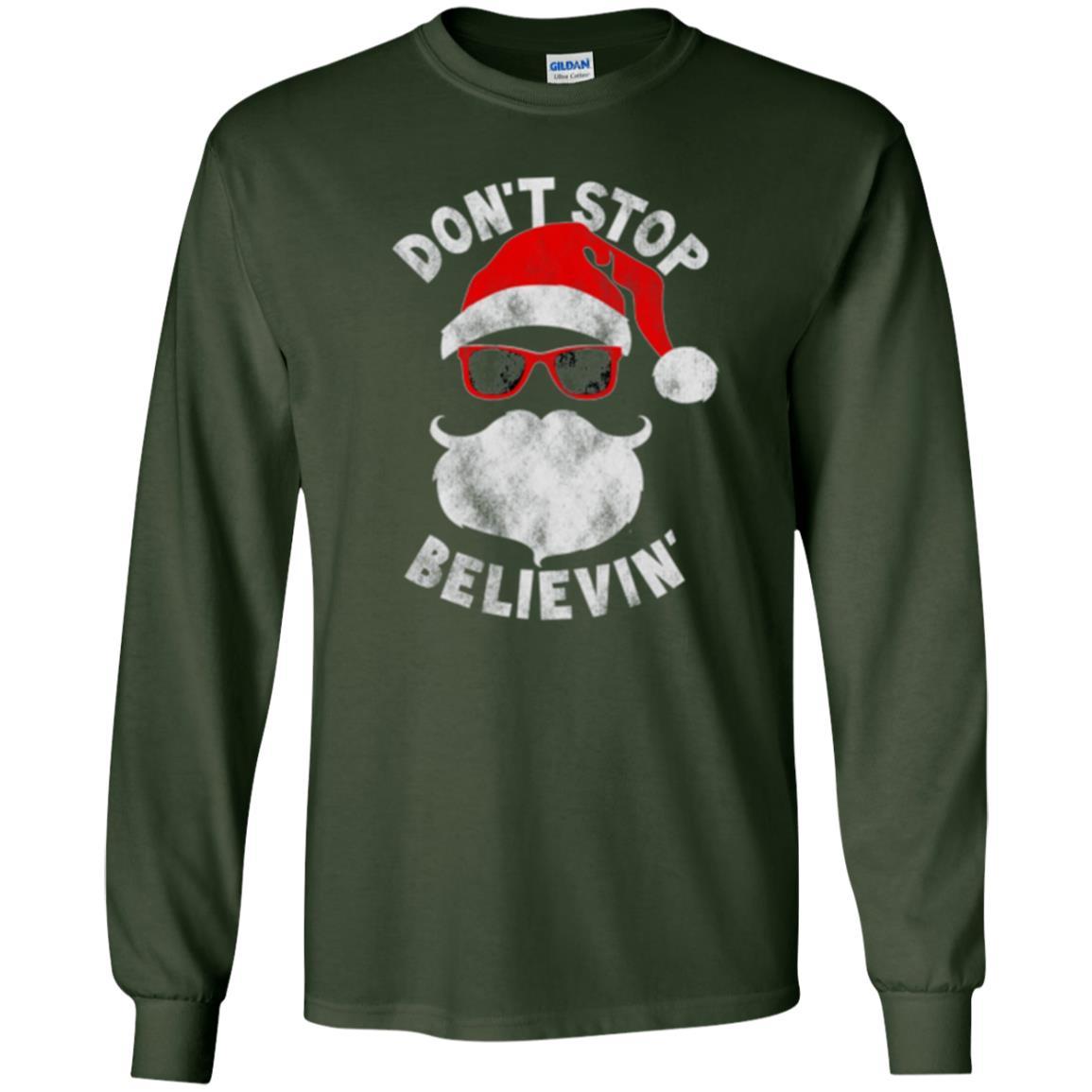 Christmas T-shirt Don't Stop Believing Cool Shades Santa Forest Green