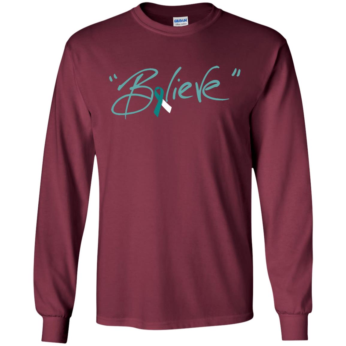 Cervical Cancer Awareness Shirt Teal White Ribbon Believe Maroon