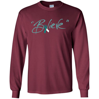 Cervical Cancer Awareness Shirt Teal White Ribbon Believe Maroon