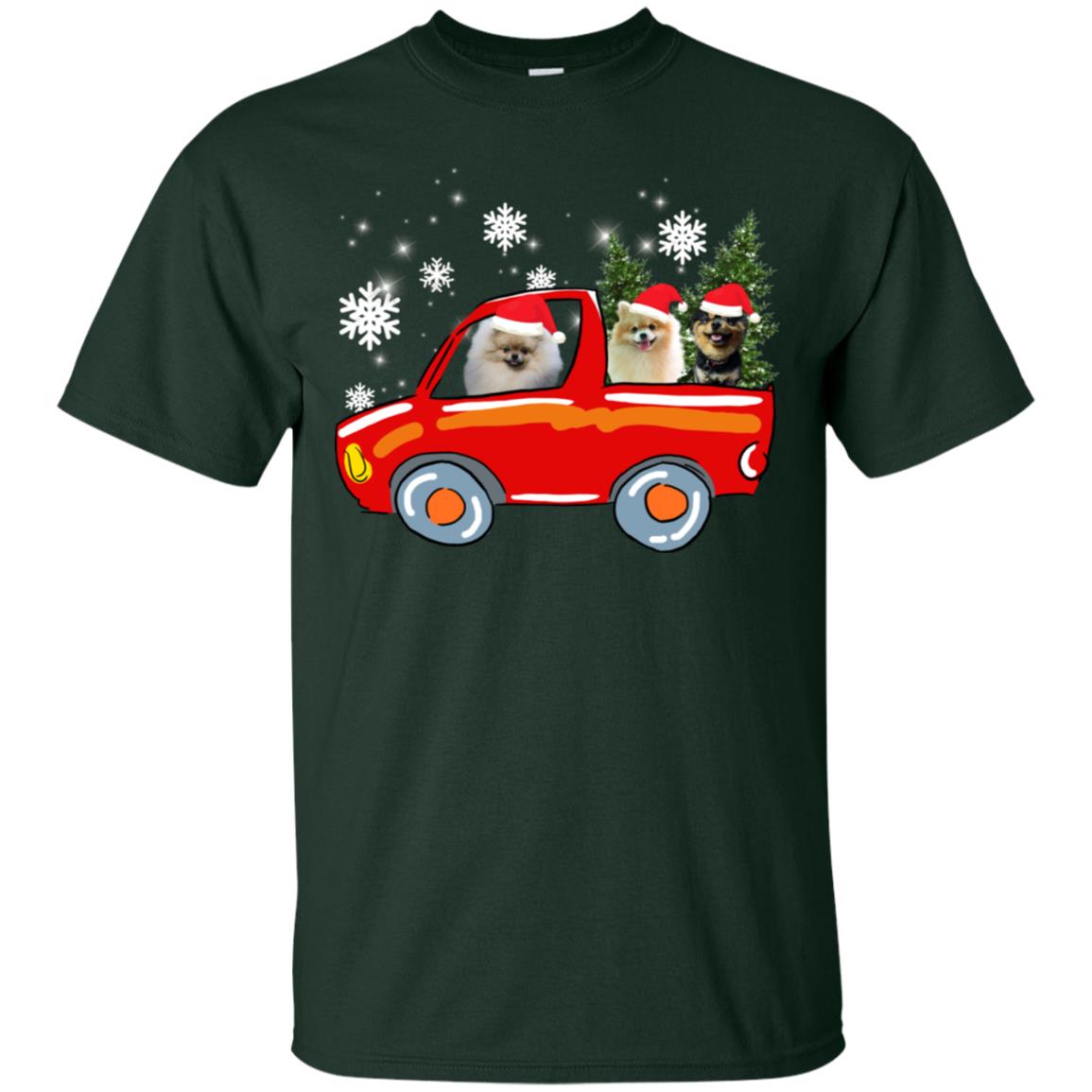 Pomeranians Dogs On Car Merry Christmas Gift Shirt Forest