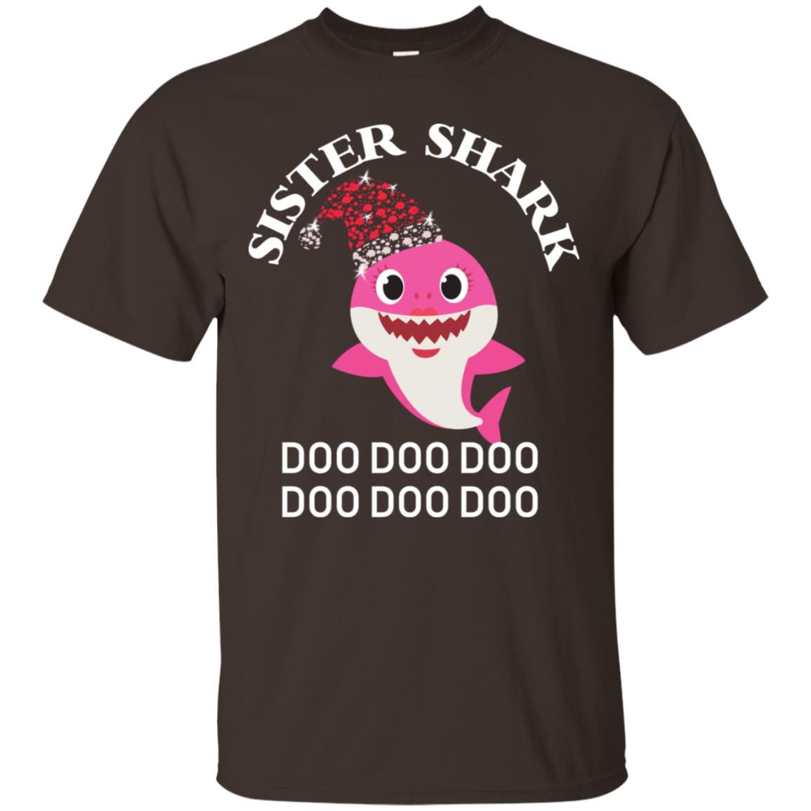 Sister Shark With Santa Claus Hat Merry X-mas Family Shark Gift Shirt Dark Chocolate